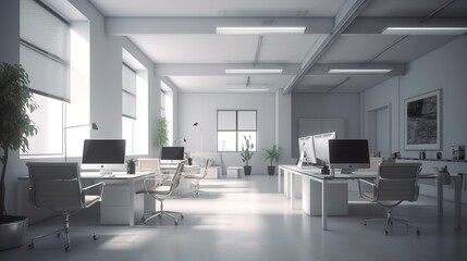 Fototapeta premium An empty office room with furniture and modern equipment. AI generation