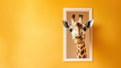 Naklejki  Laughing giraffe looking through the window of a house, concept of curiosity and interest, copy space, AI generation