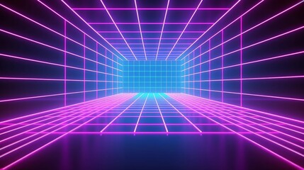 3d render, abstract neon background, virtual reality space, pink blue grid in ultraviolet spectrum, chart field, frontal perspective view, Generative AI