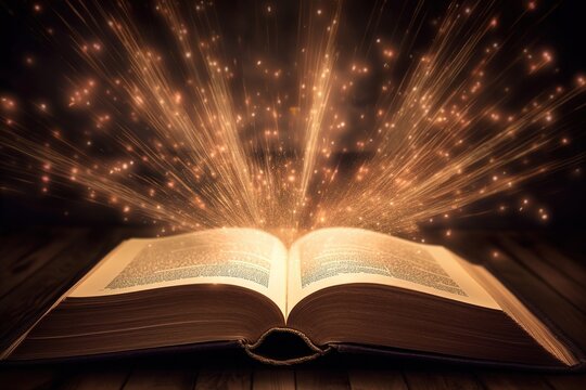 A magical book on a dark background with light and sparks, the Bible. Illustration, AI generation