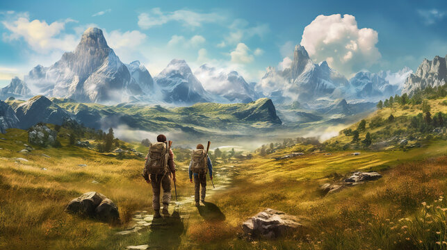 Two tourists with backpacks are walking towards the mountains in the wilderness. World Tourism Day. Generation AI