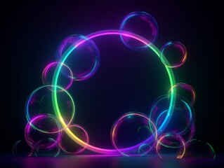3d render, abstract colorful neon background with round frame and glass balls. Glowing geometric shape and clear bubbles, Generative AI