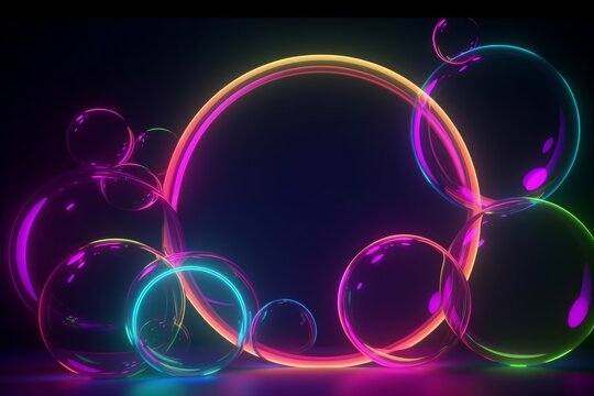 3d render, abstract colorful neon background with round frame and glass balls. Glowing geometric shape and clear bubbles, Generative AI