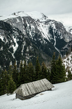 Szałas, góralska drewniana chata na Polanie Stoły w Dolinie Kościeliskiej w Tatrach, Kościelisko, Zakopane, widok na Ciemniak, Czerwone Wierchy