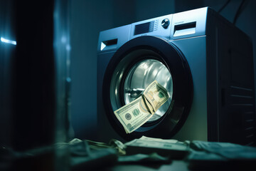 close up of pile of dirty money placed in washing machine, AI - obrazy, fototapety, plakaty