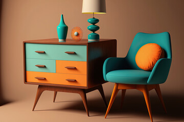 Mid century modern interior design. Stylish furniture concept. Generative AI