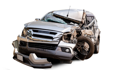 Front of white car get damaged by accident on the road. damaged cars after collision. isolated on...