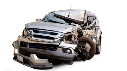 Front of white car get damaged by accident on the road. damaged cars after collision. isolated on transparent background, PNG file