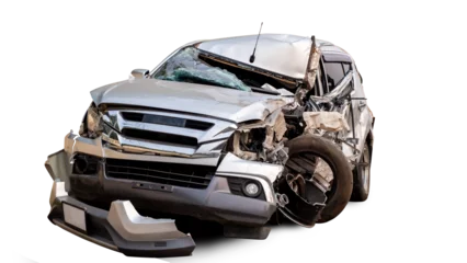 Fotobehang Front of white car get damaged by accident on the road. damaged cars after collision. isolated on transparent background, PNG file © ISENGARD