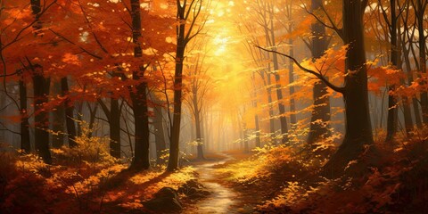 Golden Sunlight Through Autumn Leaves -ai generated
