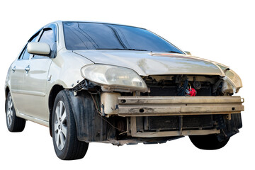 Front of Old car get damaged by accident on the road. damaged cars after collision. isolated on transparent background, PNG file