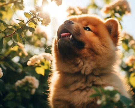 chow chow puppy in a blooming garden in summer - Generative AI