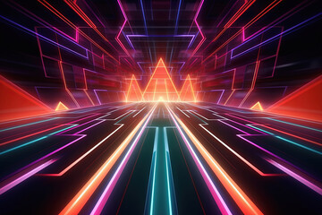 Fototapeta na wymiar Abstract geometric background with colorful neon lines. Light music show scene. Generative AI