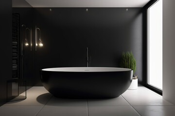 Naklejka na ściany i meble Luxury bathroom with window. Modern big black bathtub and concrete tiles. Generative AI