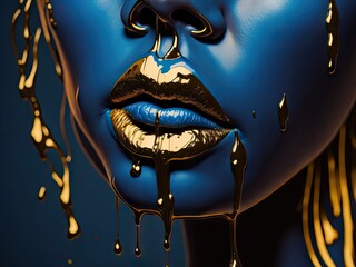 Closeup golden liquid painting on woman. ai generative