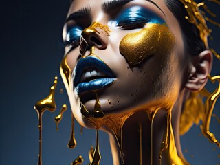 Closeup golden liquid painting on woman. ai generative