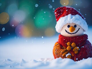 image of a snowman colorful sharp bokeh background. ai generative