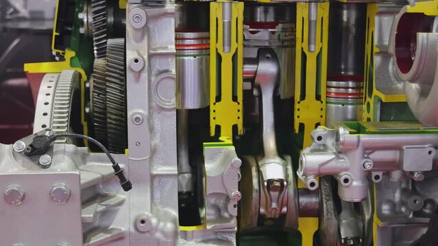 Motion Pistons Parts in Big Truck Diesel Engine Motor Cross Section