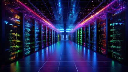 Obraz premium Unleashing Technological Might: A Visual Journey through Cloud Computing Data Center with Illuminated Servers