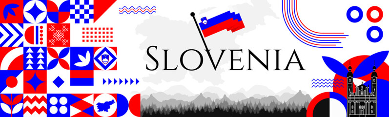 Obraz premium The Slovenia Independence Day abstract banner design with flag and map. Flag color theme geometric pattern retro modern Illustration design. Blue and red color template.
