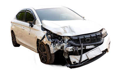 Front of white car get damaged by accident on the road. damaged cars after collision. isolated on...