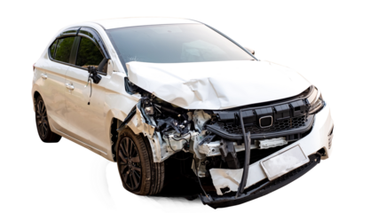 Front of white car get damaged by accident on the road. damaged cars after collision. isolated on transparent background, PNG file