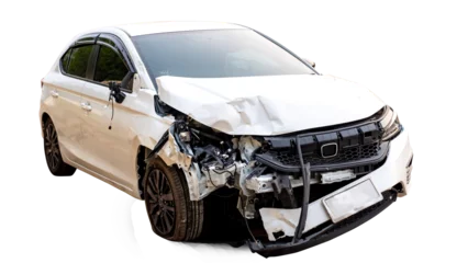 Foto op Plexiglas Schipbreuk Front of white car get damaged by accident on the road. damaged cars after collision. isolated on transparent background, PNG file