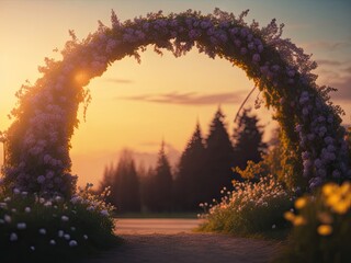 wedding arch of flowers in nature bokeh background. ai generative