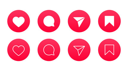 Like icon, comment, share, save icon button. social media notification icons , love, heart, forward, bookmark, favorite icon signs - social network post reactions collection set. vector illustration