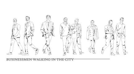 Business people walking in the city, sketch. Front view. People in suits Silhouettes for your project