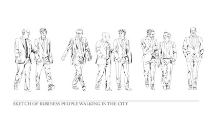 Fototapeta na wymiar Business people walking in the city, sketch. Front view. People in suits Silhouettes for your project
