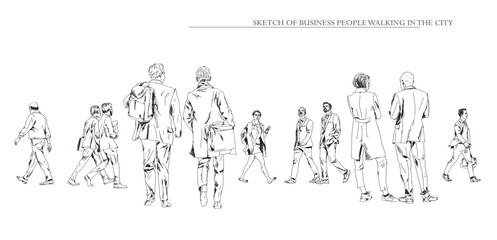 Business people walking in the city, sketch. Back view. People in suits Silhouettes for your project