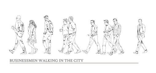 Business people walking in the city, sketch. Side view. People in suits Silhouettes for your project
