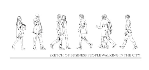 Business people walking in the city, sketch. Side view. People in suits Silhouettes for your project