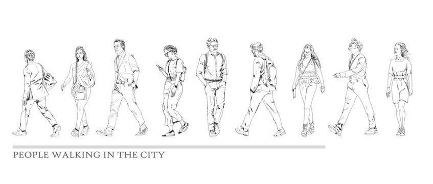 Business people walking in the city, sketch. Side view. People in suits Silhouettes for your project