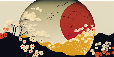 Traditional Japanese ukiyo-e The sunset seen from the mountains and the birds flying away invite melancholy Calm colors Abstract, elegant and modern illustrations generated by AI
