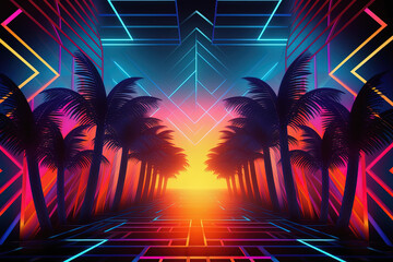 Abstract geometric pool party background with colorful neon lines. Summer light music show scene. Generative AI