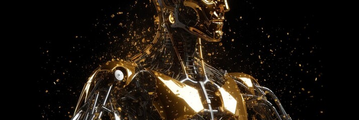 robot in gold particles, abstract, wallpaper, future, presentation, AI, technology