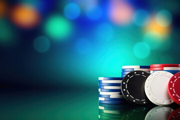 Fototapeta na wymiar Casino tokens or casino poker chips on green table, blur background. Generative AI