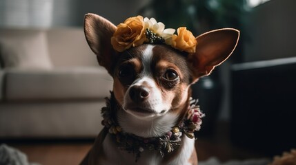 Portrait of cute dog with flower crown sitting indoors
