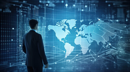 Businessman analyzing data graph, stock market, and calculating financial data for investment growth target, worldwide business strategy