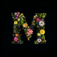 Letter M made of flowers and plants. Flower font concept. AI generated