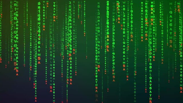 abstract background with animated rain of matrix flying code and data. Green letters and numbers. binary code background.