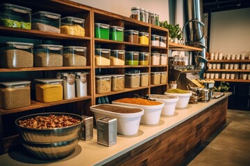 Blurred background of interior in zero waste shop. 
Generative AI