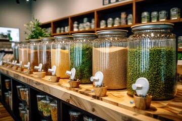 Blurred background of interior in zero waste shop. Generative AI