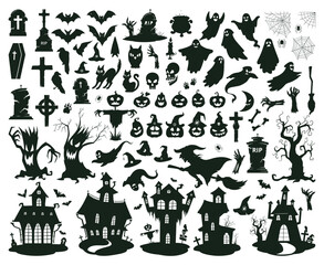 Halloween spooky silhouettes. Creepy pumpkins, ghosts, gravestones, zombie hands and bats flat vector illustration set. Horror halloween celebration silhouettes