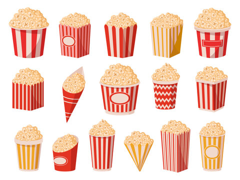 Popcorn paper cups. Cartoon tasty popcorn buckets, salty or sweet flavour tv or movie watching snack flat vector illustration set. Popping corn bucket collection