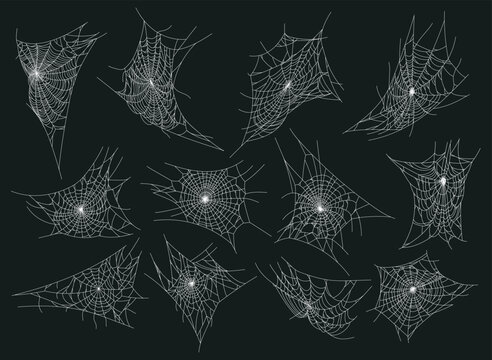 Halloween spiderweb. Spooky cobweb, horror halloween decor flat vector illustration set. Horror halloween spiderweb collection