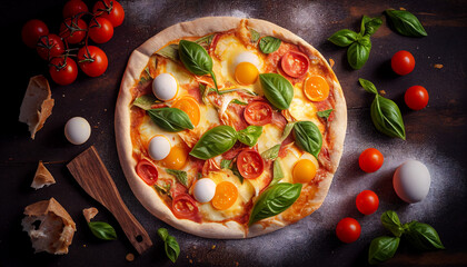 Pizza with mushrooms and tomatoes, delicious homemade pizza with egg, cheese, tomatoes, and basil, Generative AI