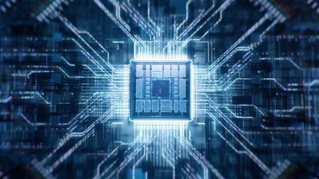 Concept: Advanced Futuristic Microprocessor Chip Connecting with a Motherboard and Activates entire System. Energy Pulse Expanding after CPU Connected to Socket. Front View.